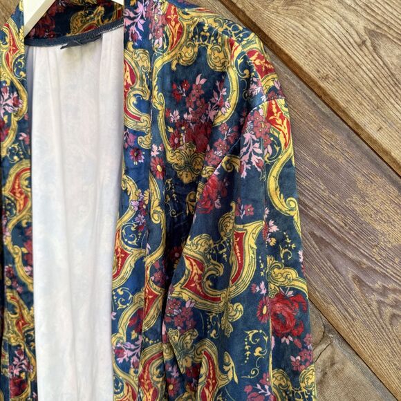 Modcloth Blue Yellow Pink Floral Print Velvet Open Kimono Cardigan Small Med - Picture 2 of 4